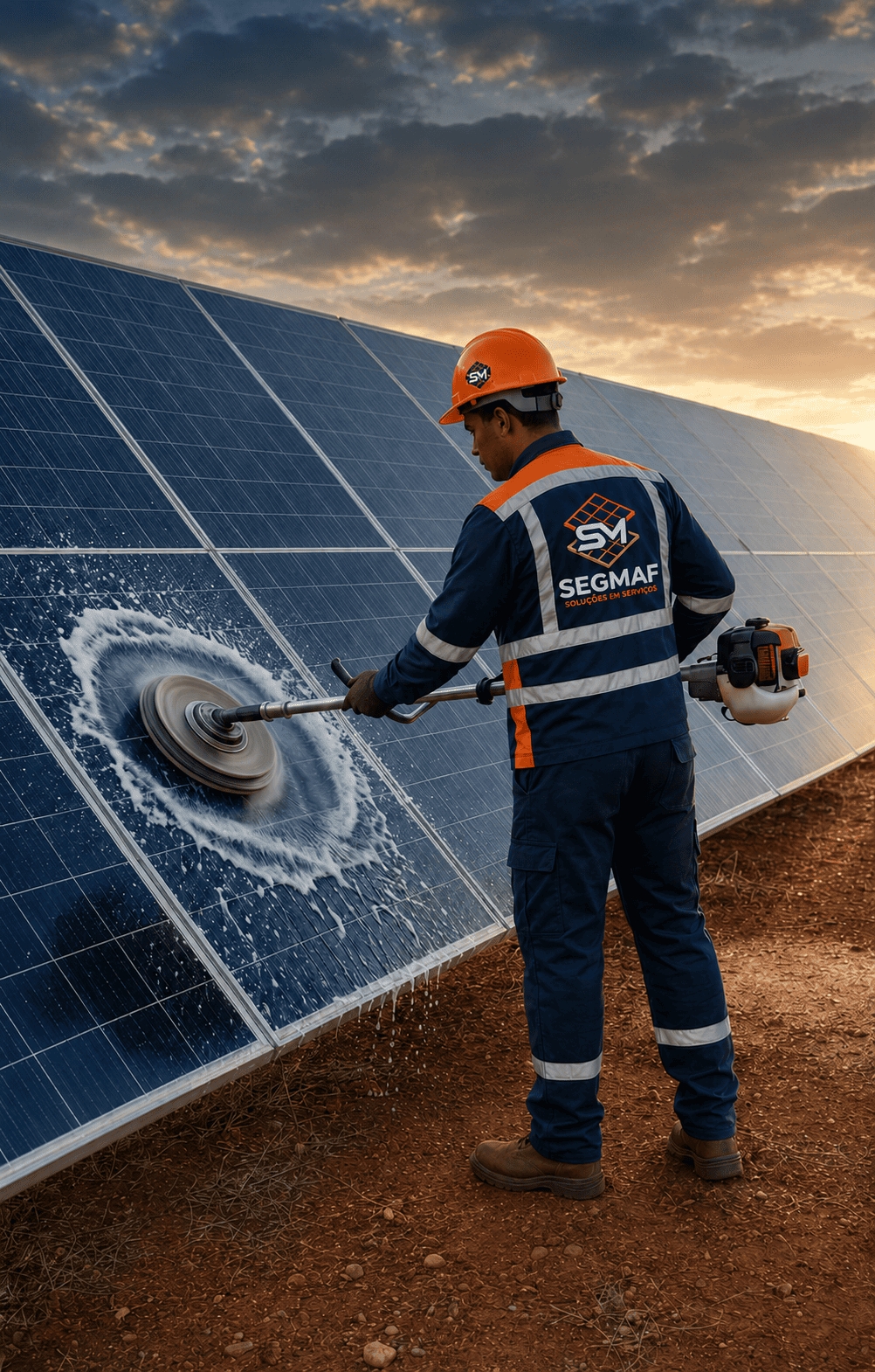 Limpeza de painéis solares em usina fotovoltaica